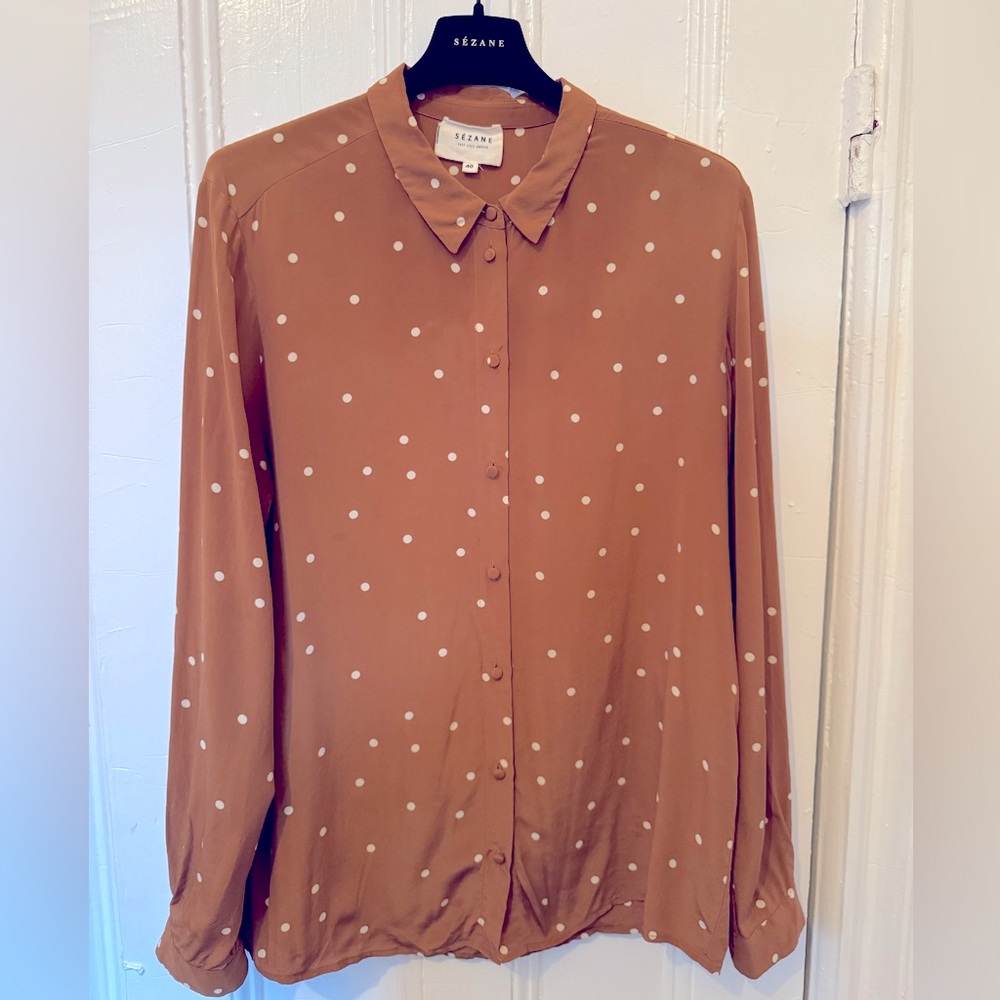 Sézane Silk Button Down Blouse - Medium (8) - Rust colored with white polka dots